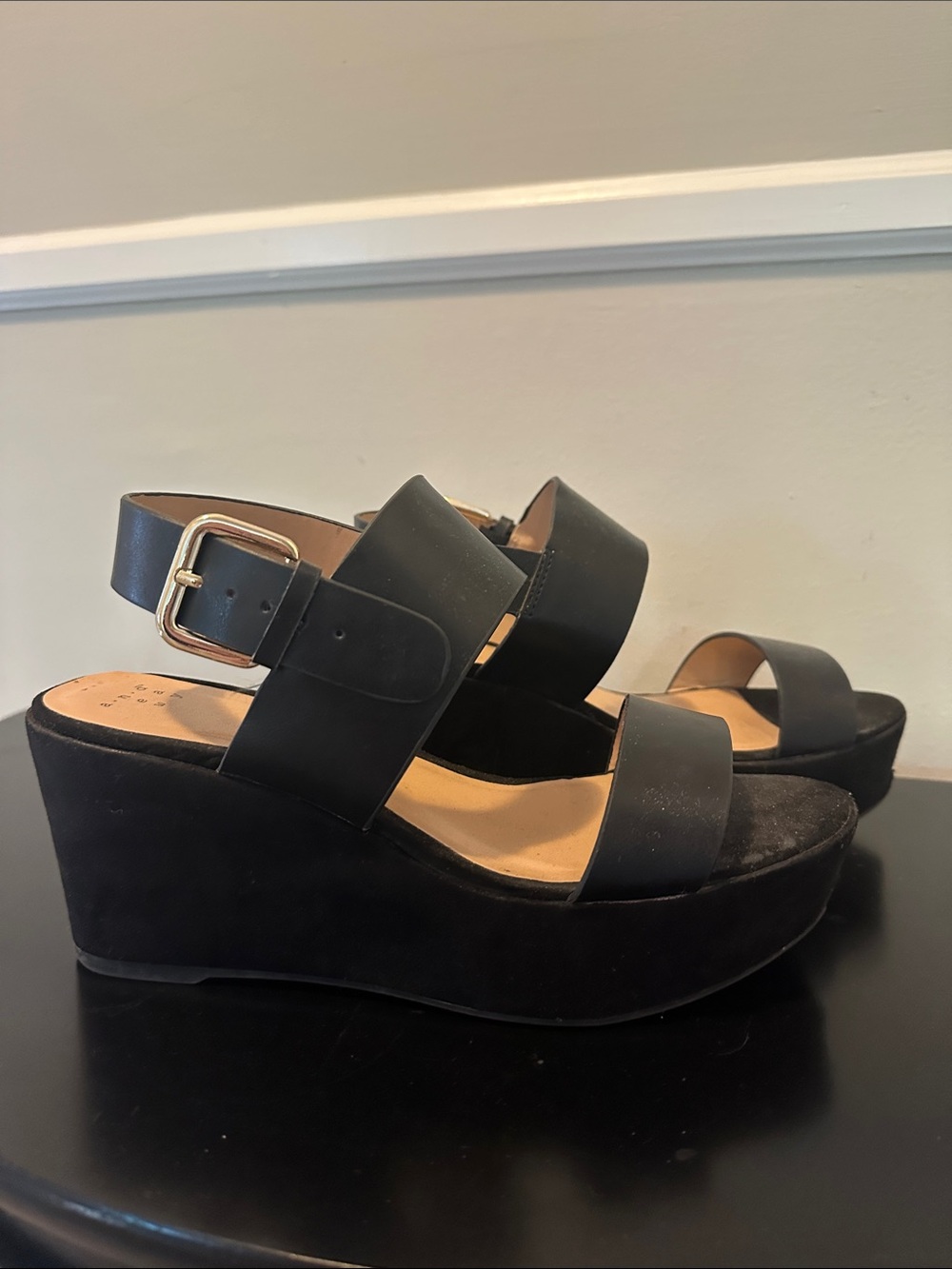 a new day Black Platform Wedge Sandals with Buckle